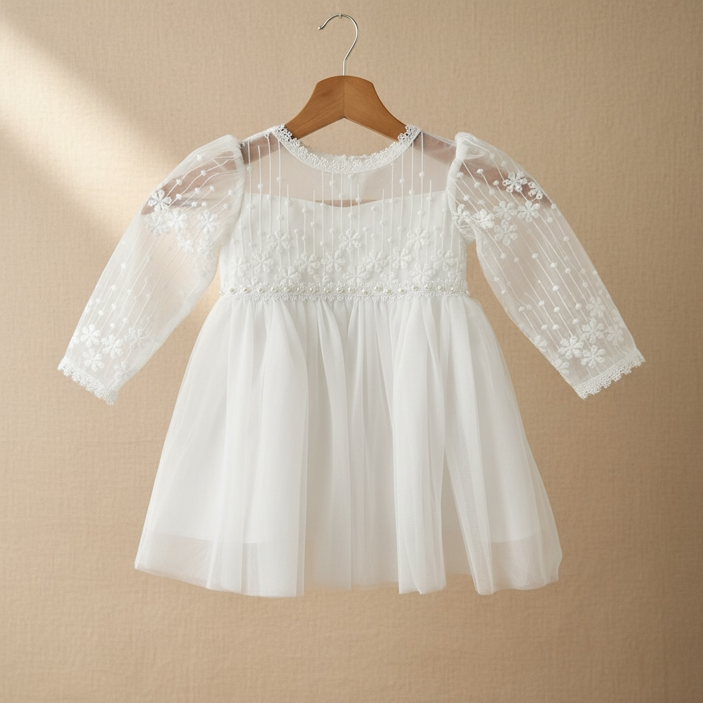Vue de face sur cintre d'une robe de cérémonie pour bébé avec manches en tulle brodé et perles