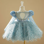 Vue arrière de la robe de cérémonie bleue montrant le volume de la jupe à plumes.