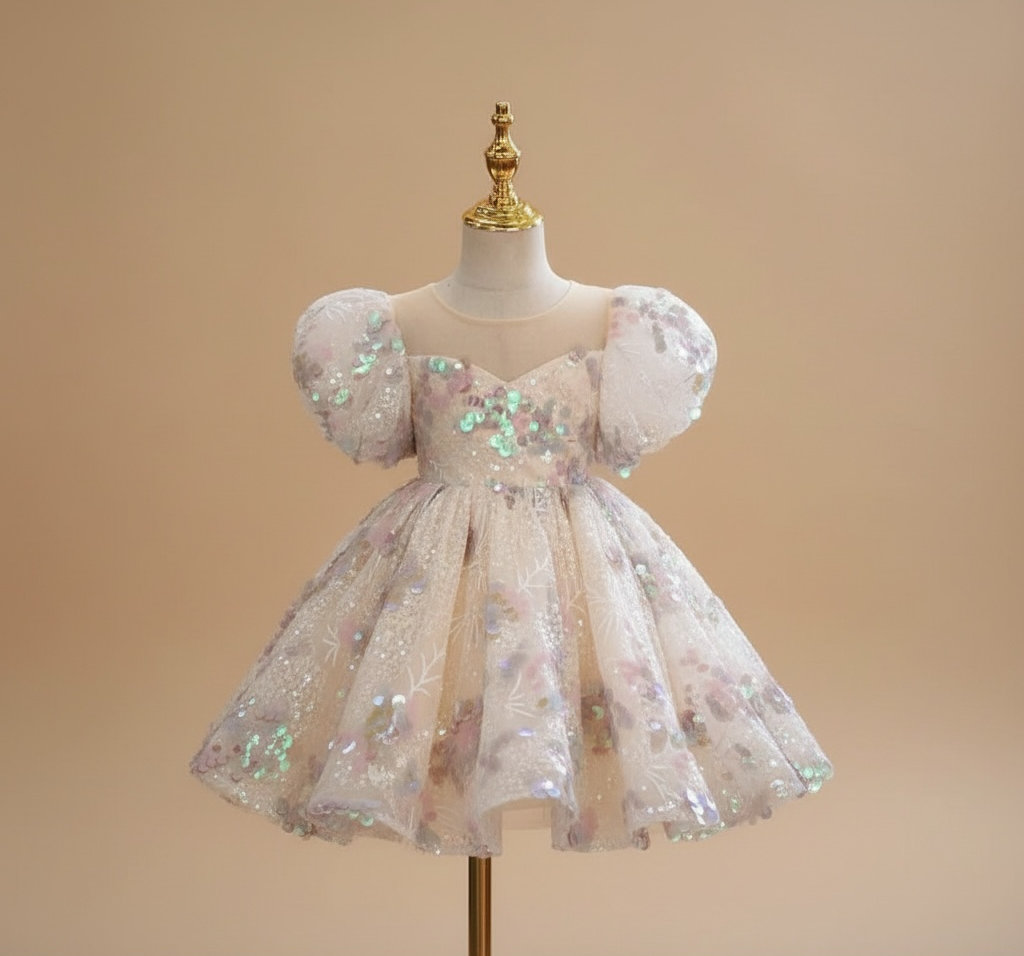 Vue de face sur mannequin d'une robe de cérémonie champagne à paillettes avec col illusion et manches ballons