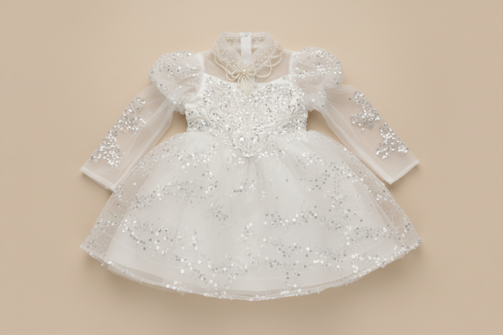 Vue de face de la robe de cérémonie Juliana blanche montrant les broderies et le tulle volumineux
