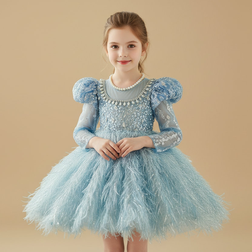 Robe de cérémonie bleue pour enfant modèle reine d'hiver avec jupe à plumes et bustier pailleté.