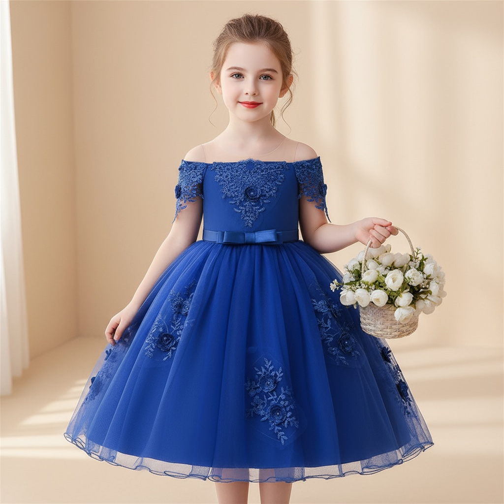 Petite fille portant une robe de cérémonie bleu roi avec épaules dénudées, bustier en dentelle et fleurs en relief avec perles