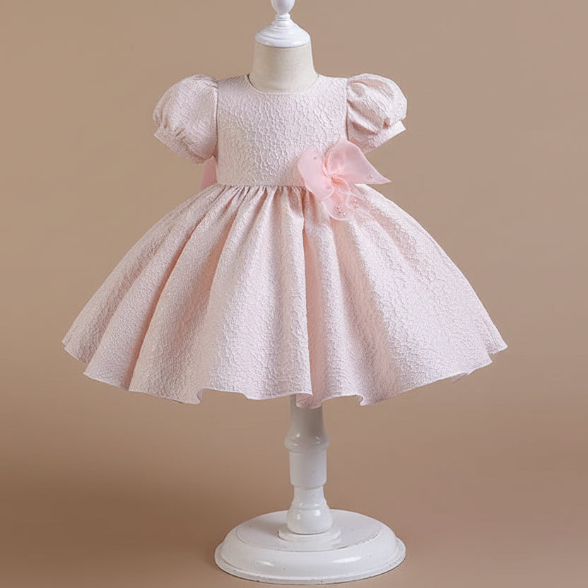 Robe cérémonie fille rose manches courtes avec jupe fluide et coupe A-line