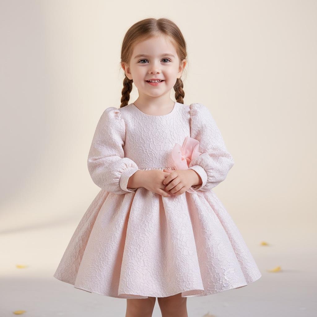 Robe cérémonie fille rose élégante avec manches longues et jupe évasée