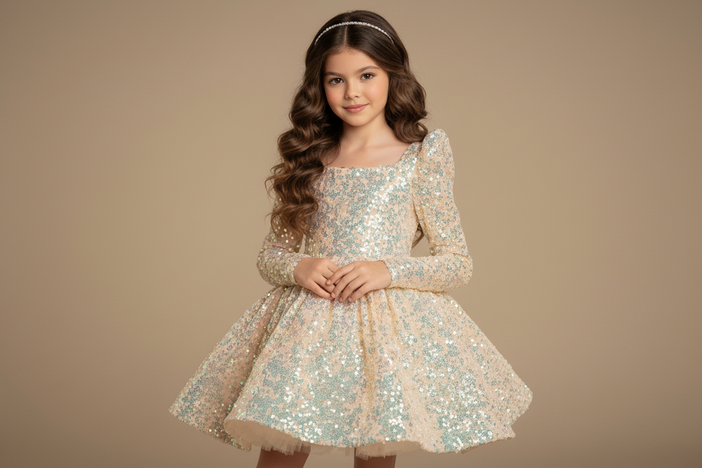 Robe cérémonie fille Kayla à paillettes dorées, coupe évasée et col carré