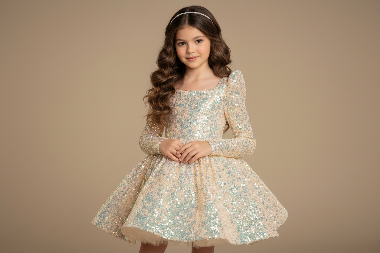 Robe cérémonie fille Kayla à paillettes dorées, coupe évasée et col carré