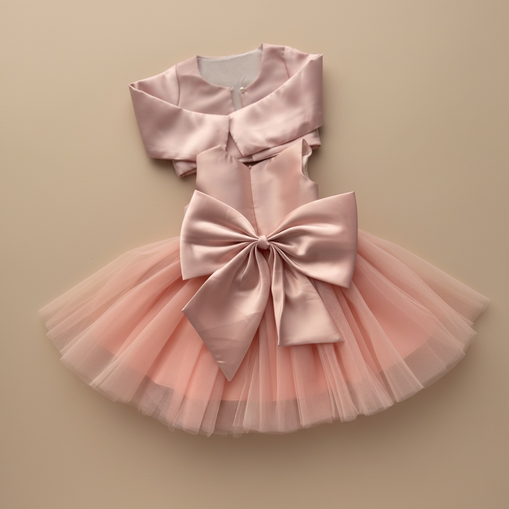 Robe de mariage fille rose avec gros nœud au dos et jupe en tulle