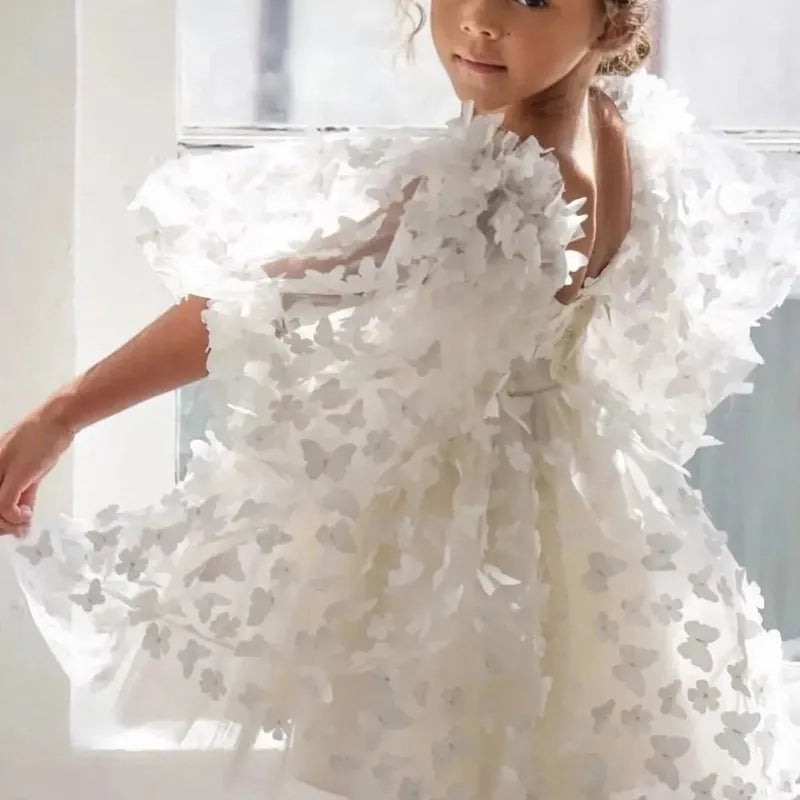Robe cérémonie fille 10 ans blanche avec papillons en 3D effet aérien