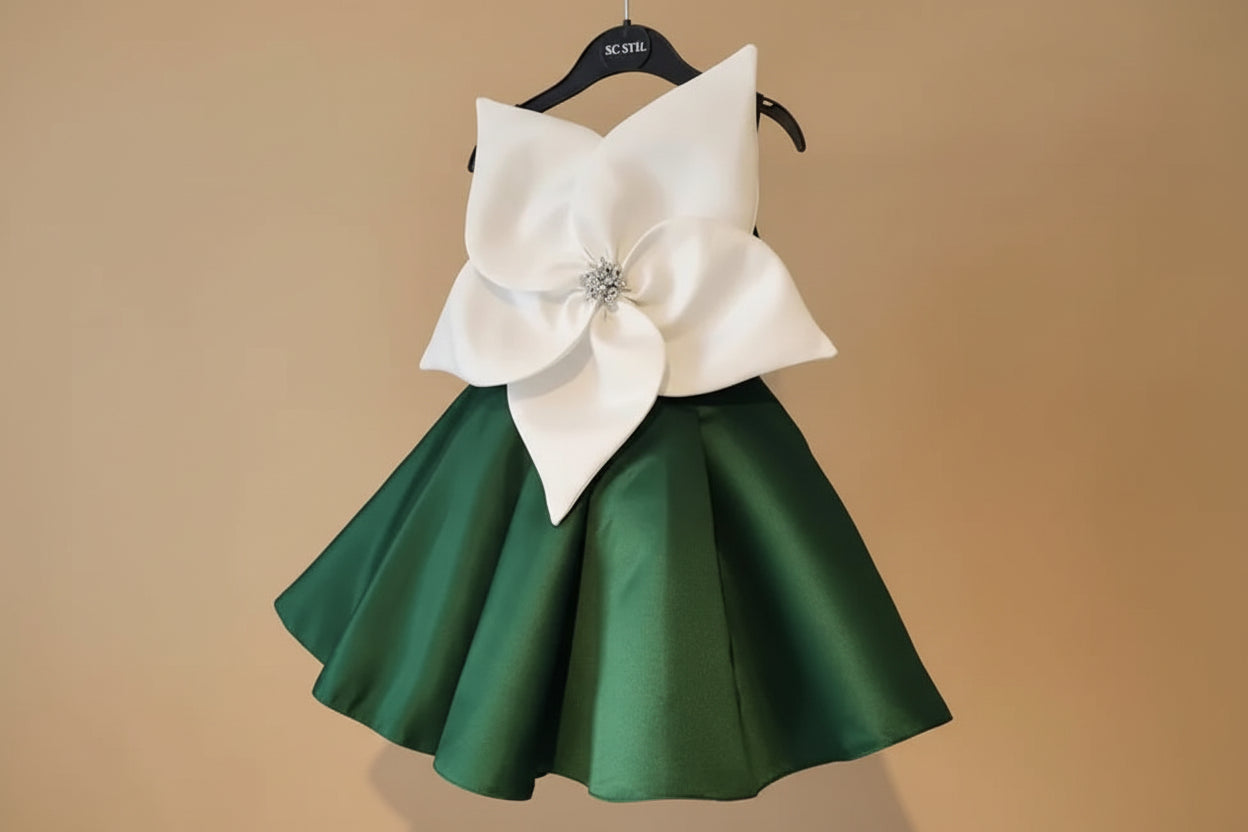 Robe cérémonie fille satin vert avec grande fleur blanche coupe évasée