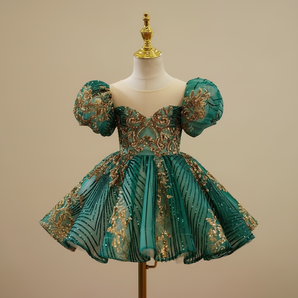 Vue sur mannequin de la robe de cérémonie vert et or avec épaulettes bouffantes structurées