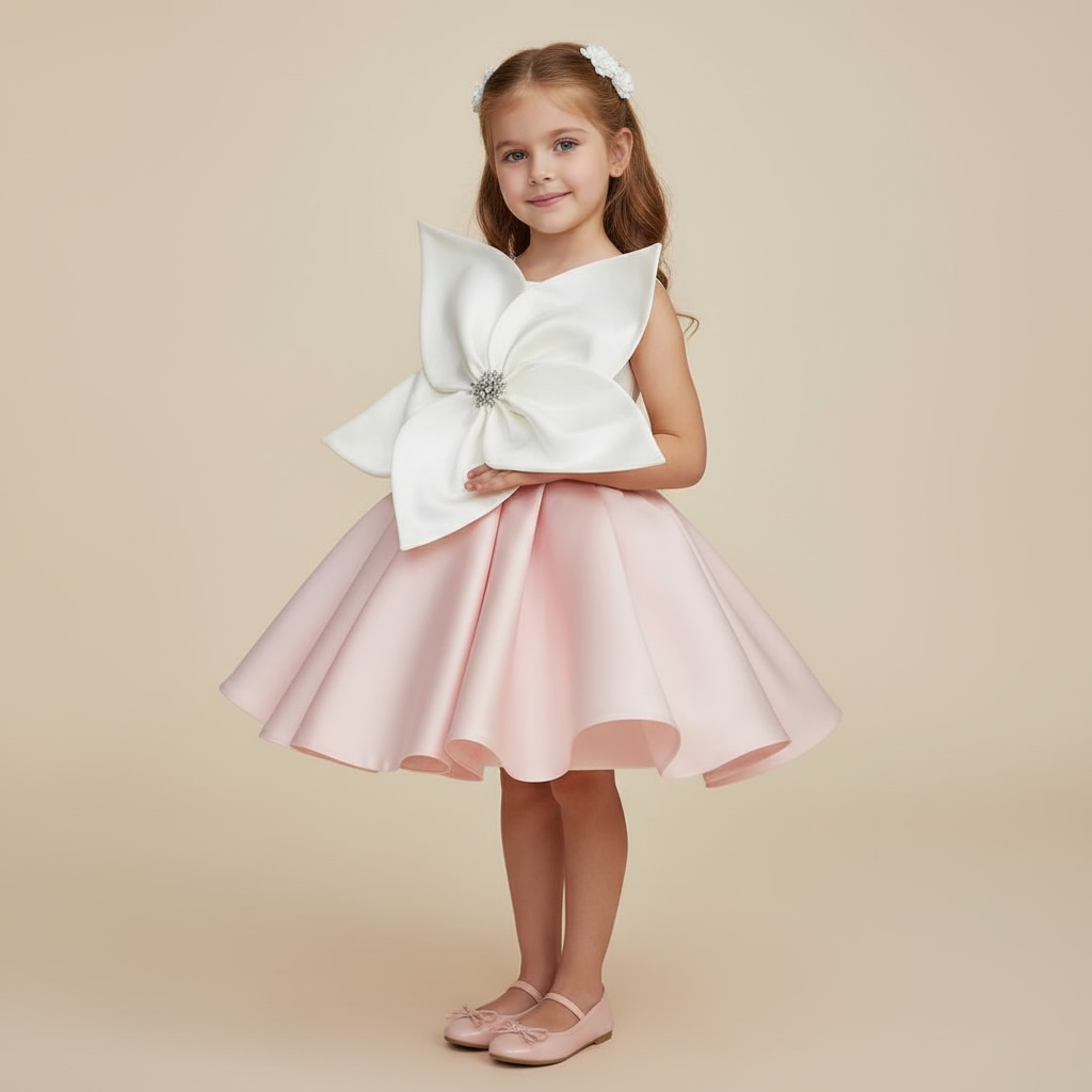 Robe cérémonie fille satin rose avec grande fleur et strass, coupe évasée élégante