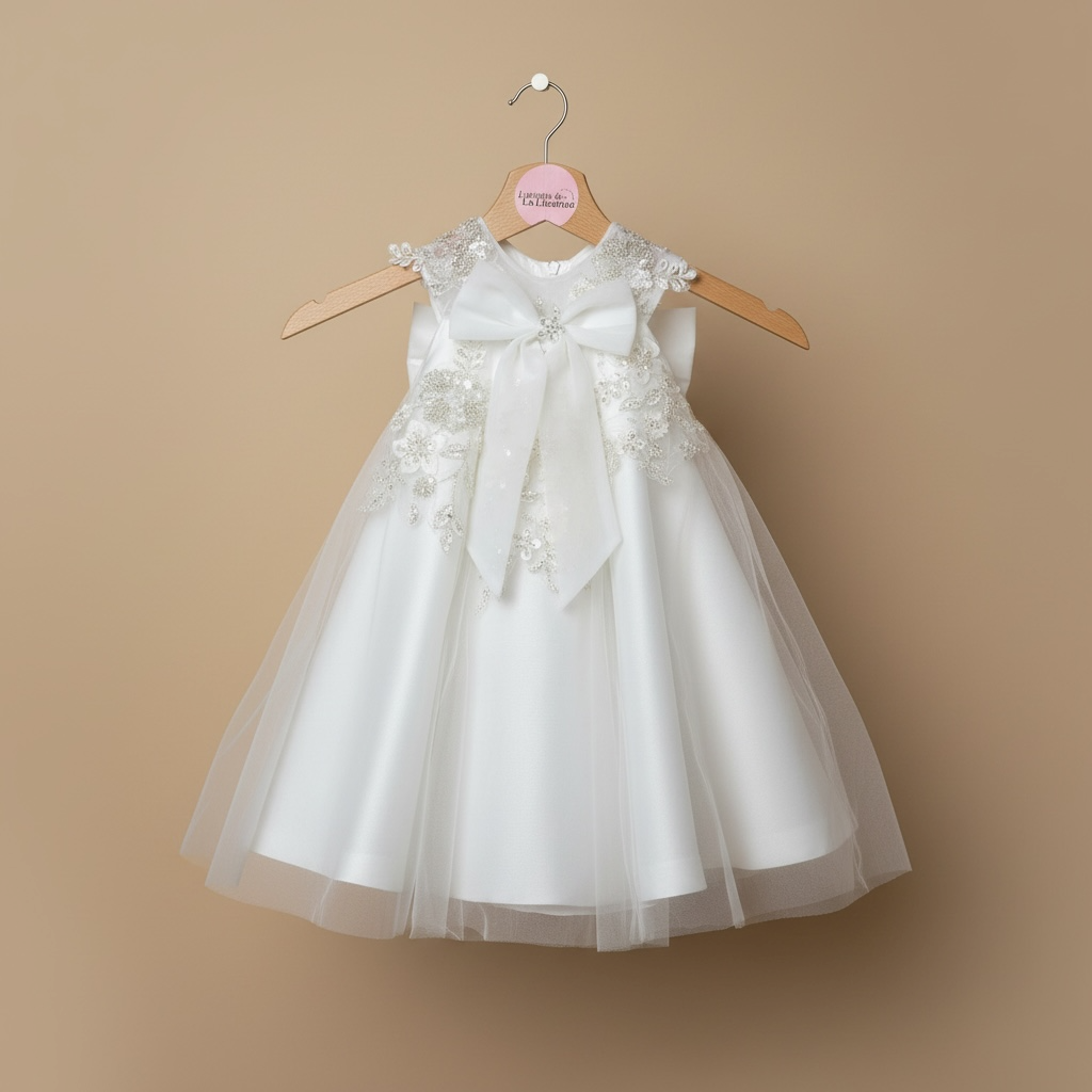 Vue de face sur cintre de la robe de cérémonie ivoire avec broderies florales et jupon multicouches