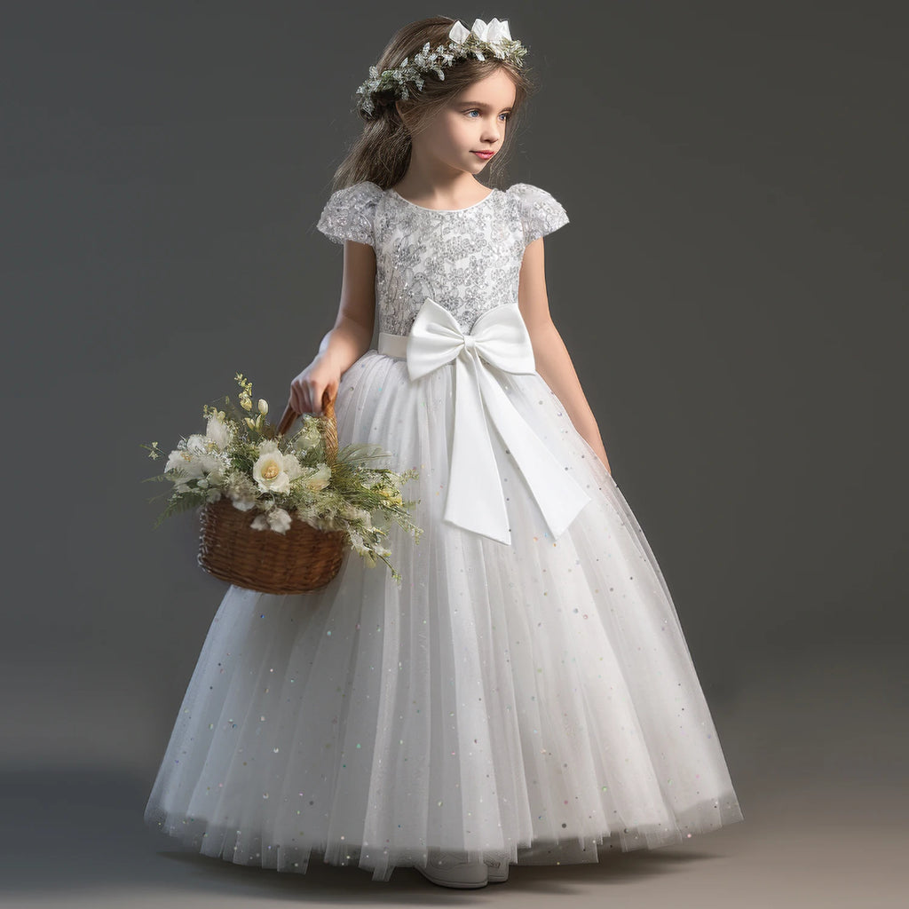 Robe de gala longue blanche pour petite fille idéale pour mariage ou communion