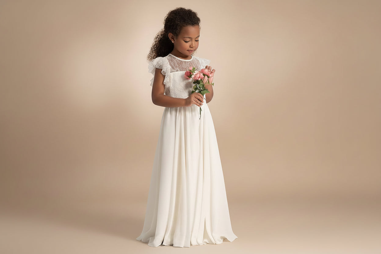 Petite fille portant une robe de cérémonie bohème longue blanche avec bouquet de fleurs.