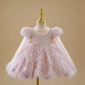 Robe de fête rose pour petite fille avec manches longues bouffantes en tulle et paillettes