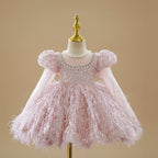 Robe de fête rose pour petite fille avec manches longues bouffantes en tulle et paillettes