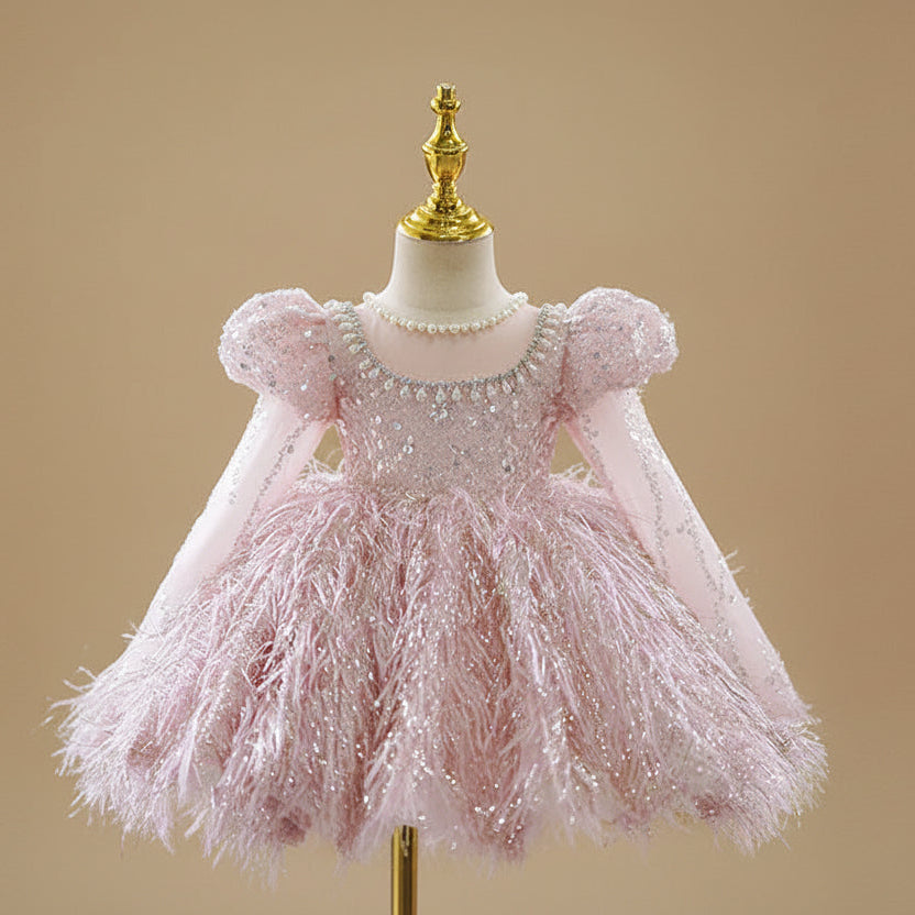 Robe de fête rose pour petite fille avec manches longues bouffantes en tulle et paillettes