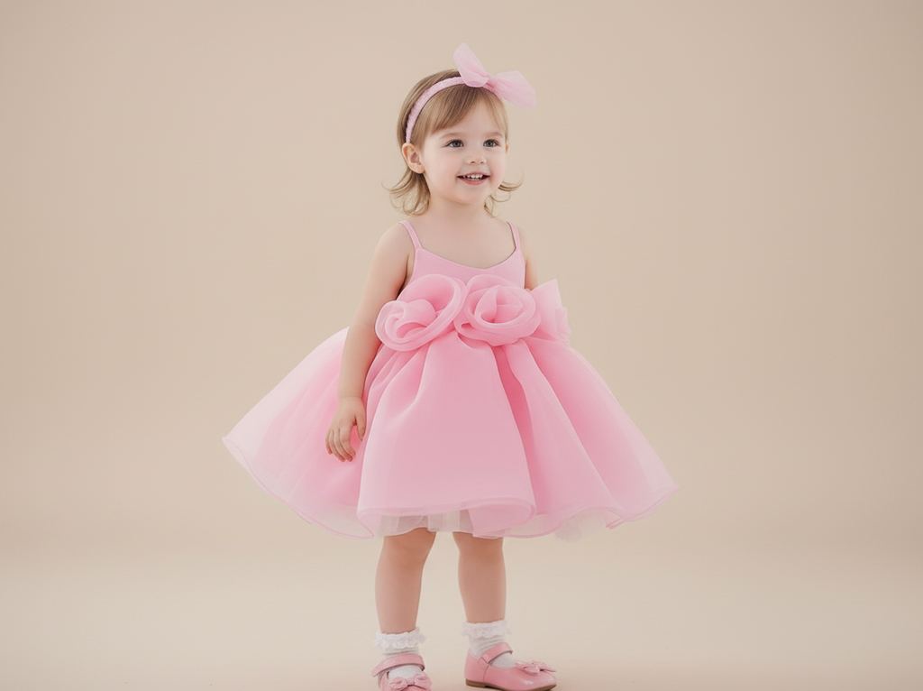 Petite fille portant la robe de cérémonie Rosie rose avec bandeau assorti