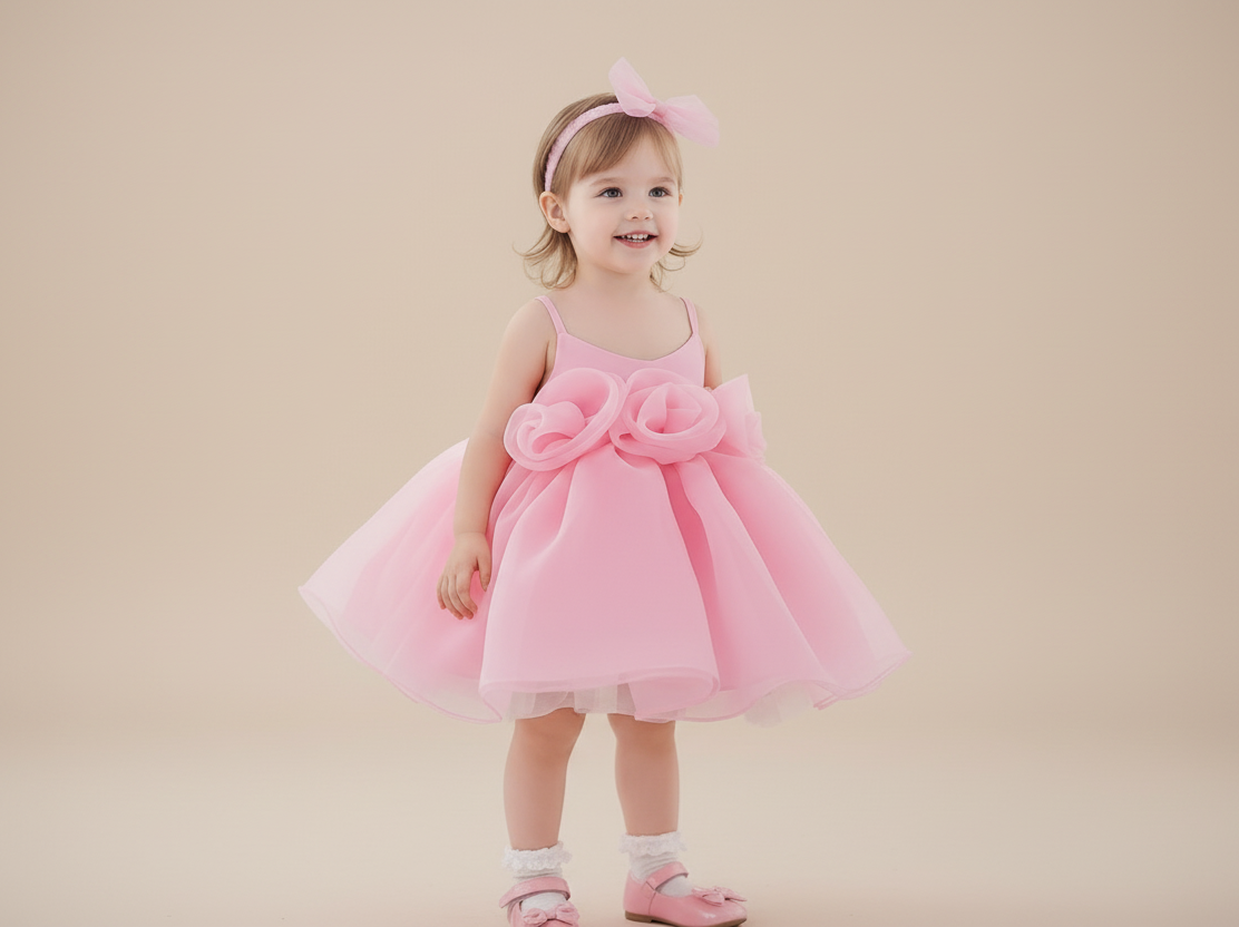 Petite fille portant la robe de cérémonie Rosie rose avec bandeau assorti