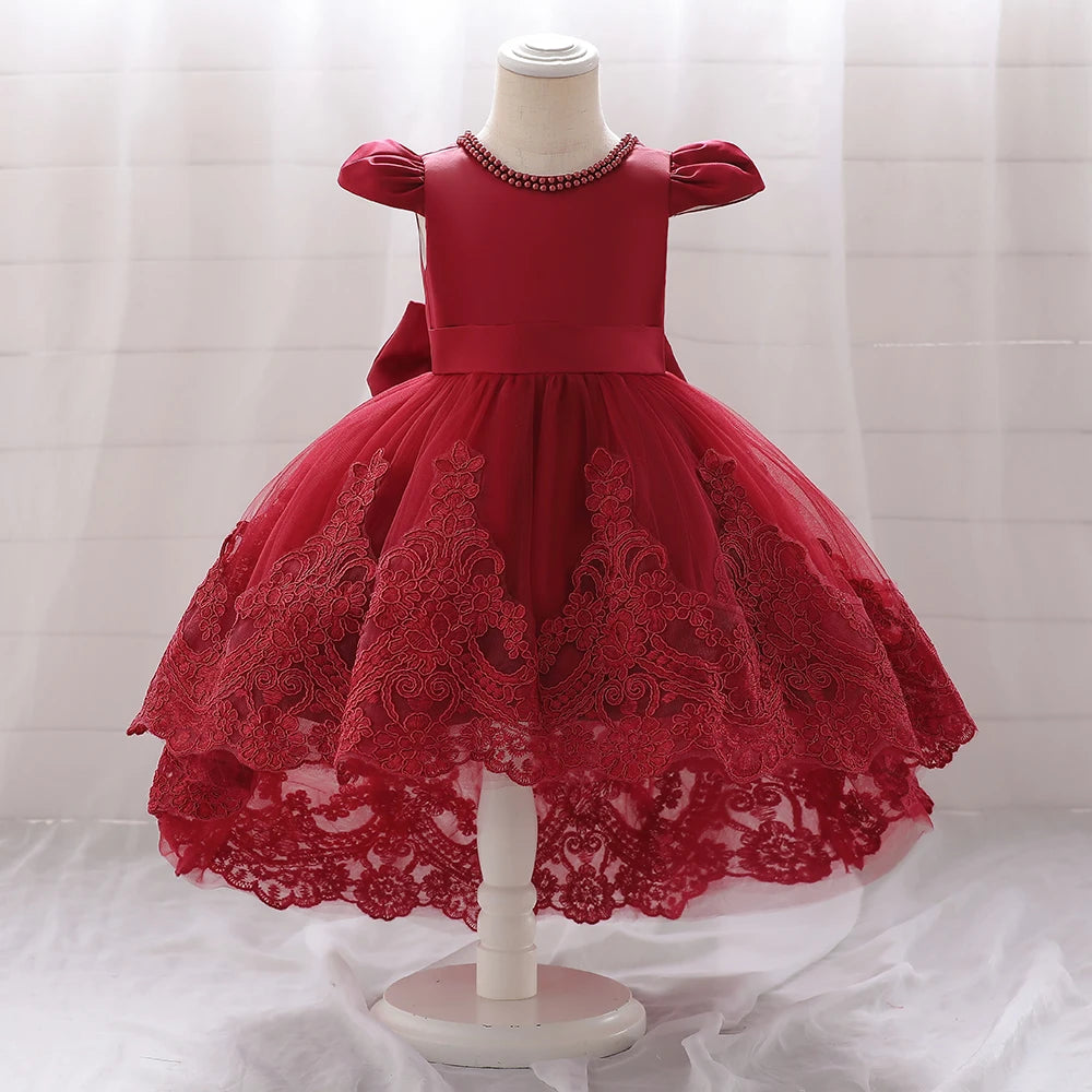 Robe de cérémonie rouge pour fille avec grand nœud et jupon volumineux