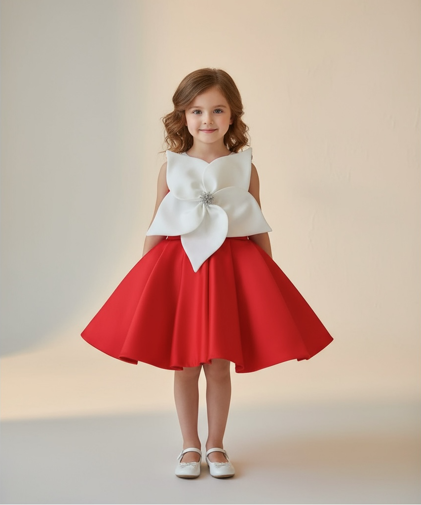 Petite fille portant robe cérémonie satin avec grande fleur élégante
