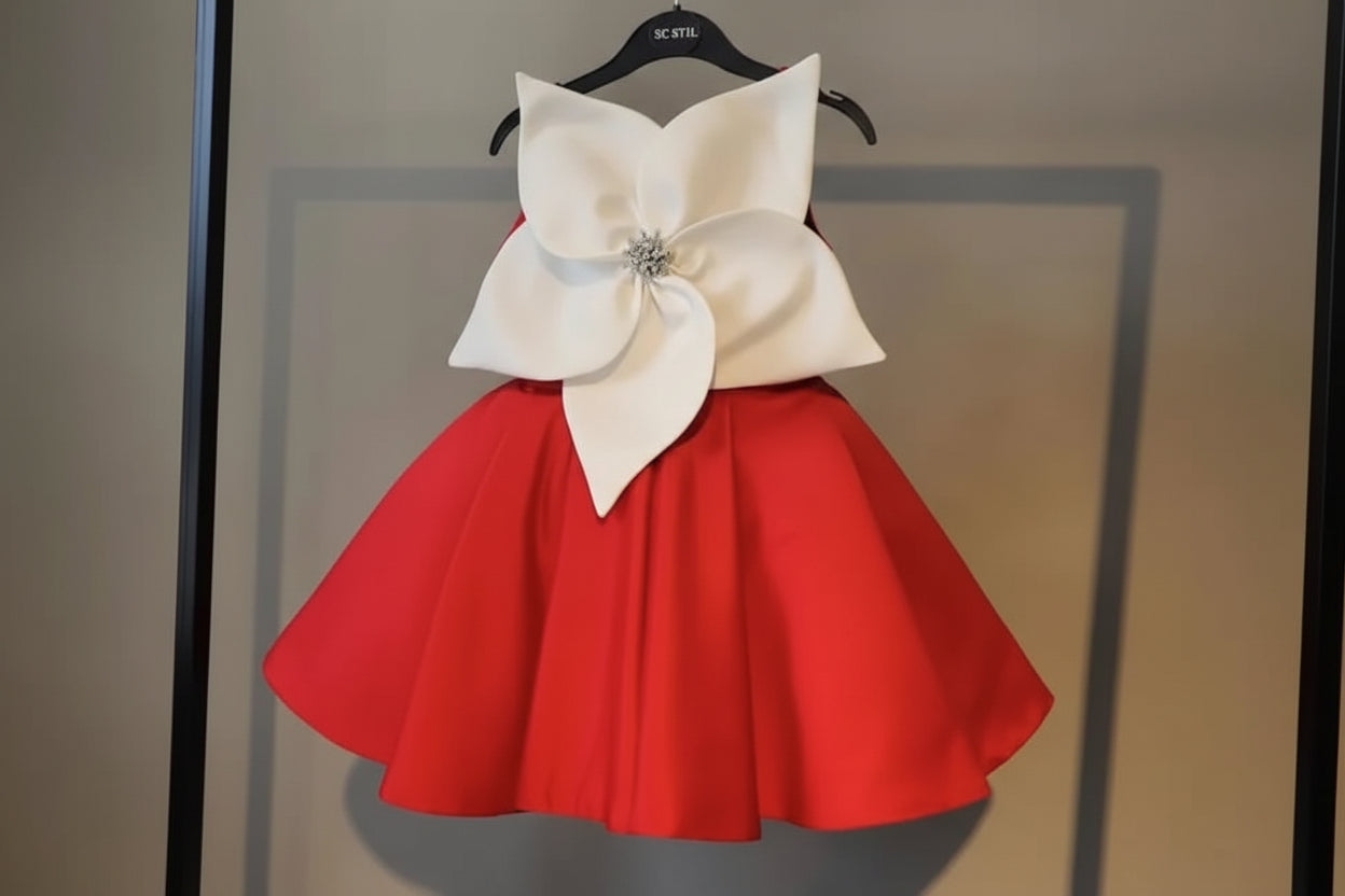 Robe cérémonie fille satin rouge grande fleur devant pour mariage ou fête