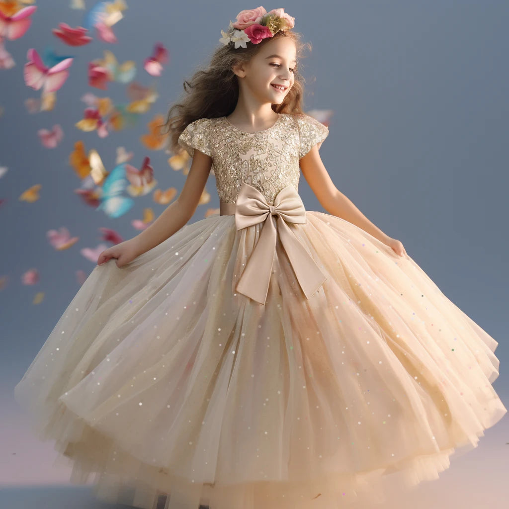 Petite fille portant la robe de gala longue Lucia couleur champagne avec bustier pailleté et jupe volumineuse