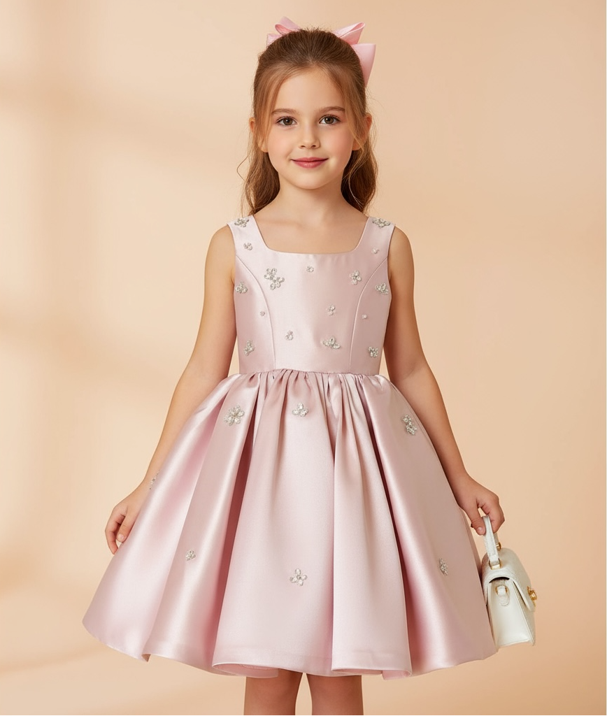 Robe mariage fille satinée avec dos ouvert et jupe volumineuse