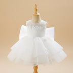 Robe de princesse blanche pour premier anniversaire bébé avec jupon bouffant en tulle.