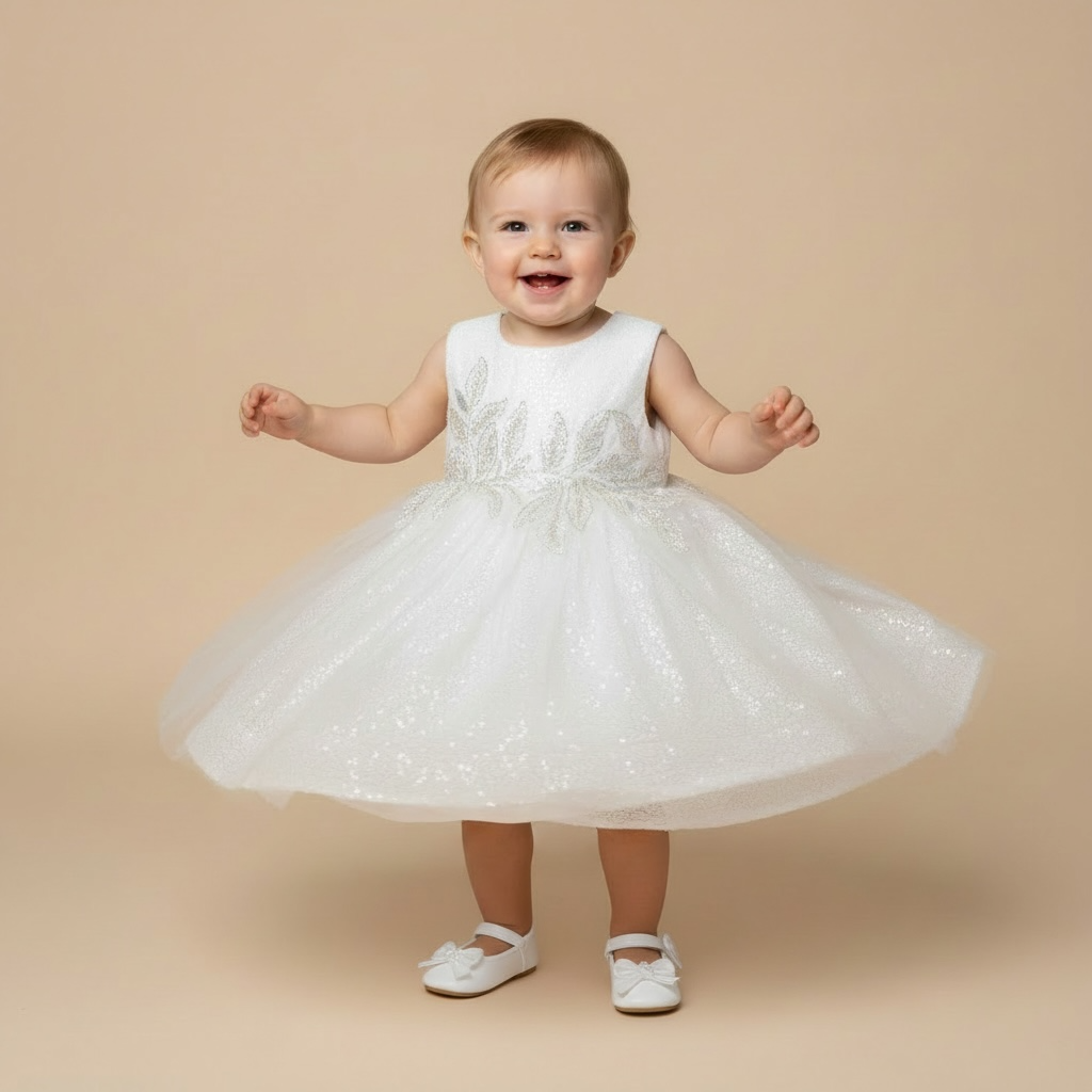 Robe de princesse ivoire pour bébé avec beau volume de jupe en tulle et voile
