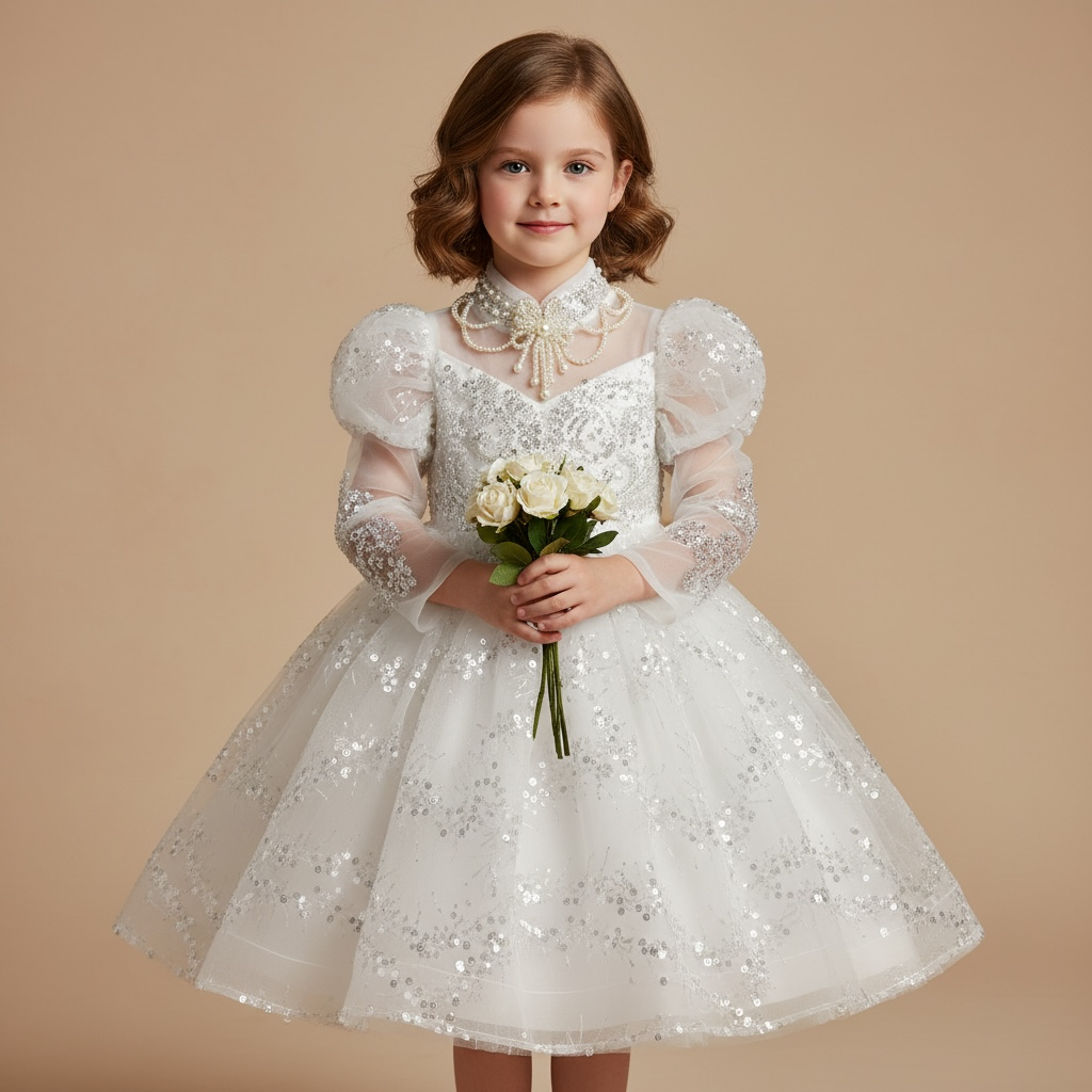 Petite fille portant la robe de princesse Juliana blanche ornée de sequins avec manches bouffantes et bouquet