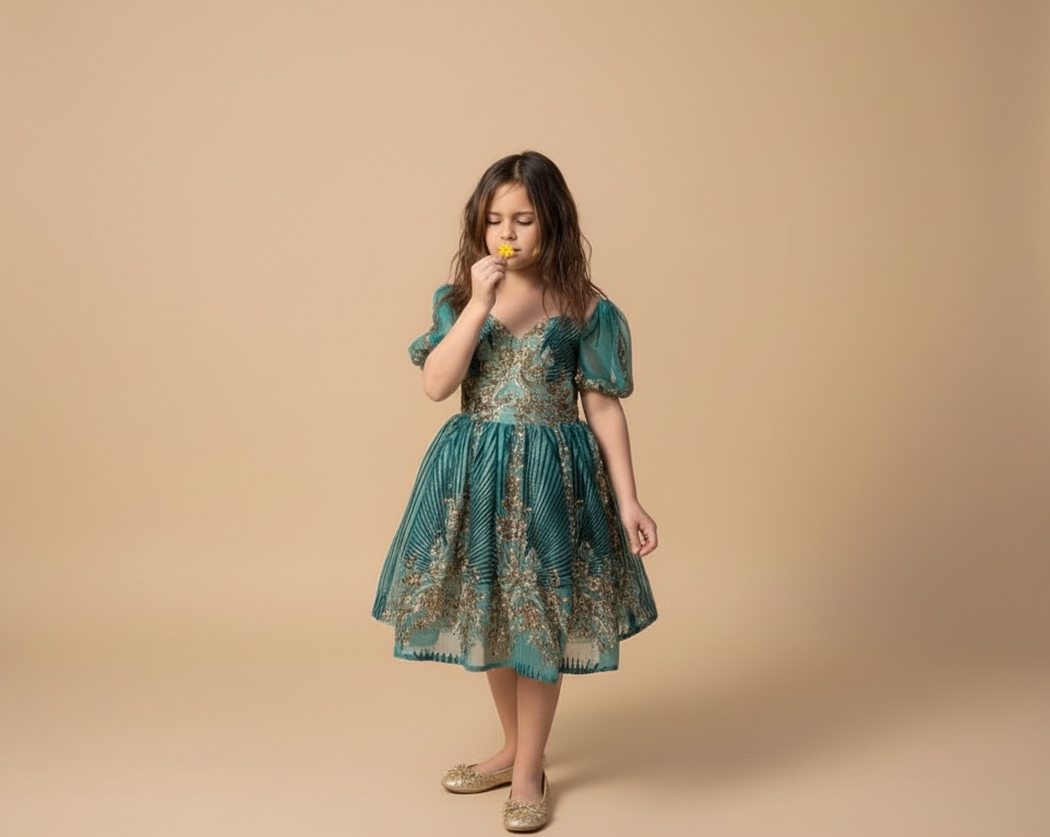 Petite fille portant une robe de princesse vert émeraude avec broderies dorées baroques