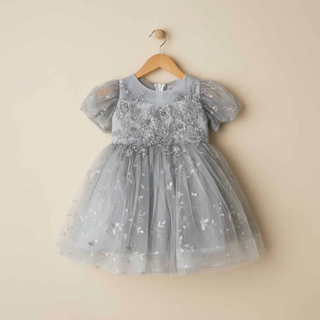 Vue sur cintre de la robe princesse grise avec manches bouffantes et motifs floraux