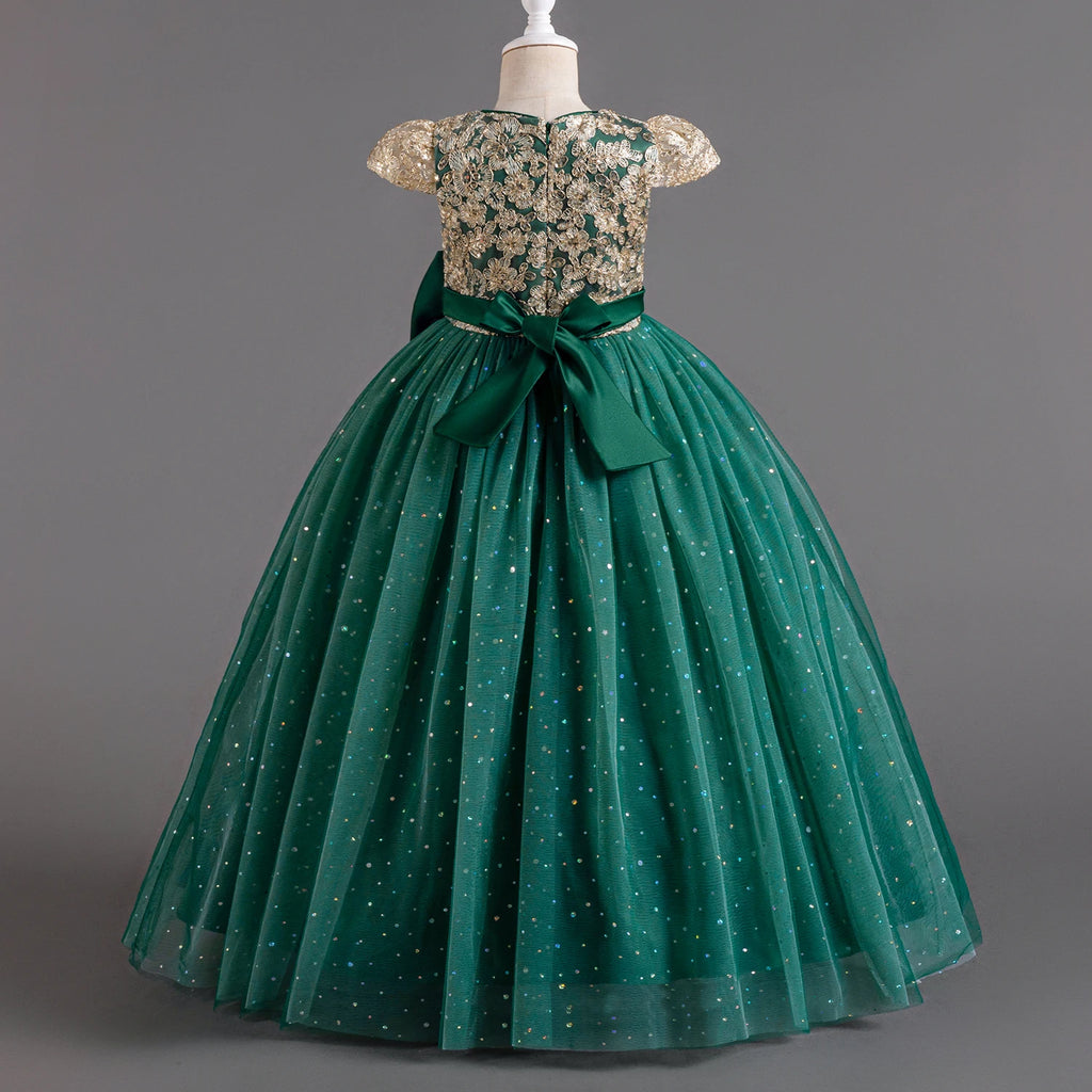 Vue de dos de la robe longue vert émeraude montrant les finitions
