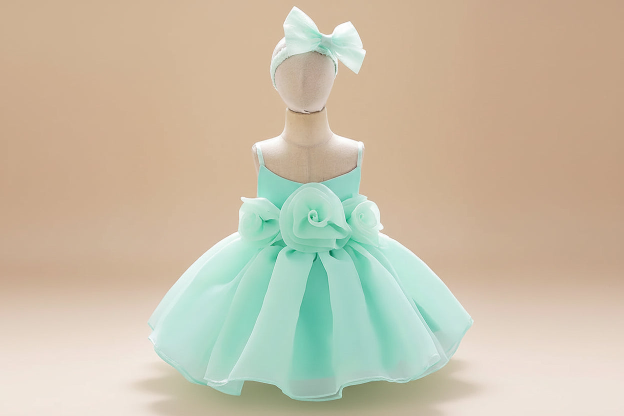 Robe de cérémonie Rosie couleur vert eau avec jupon vaporeux en tulle