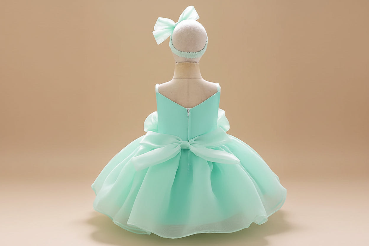 Vue de dos de la robe Rosie vert menthe sur mannequin de présentation