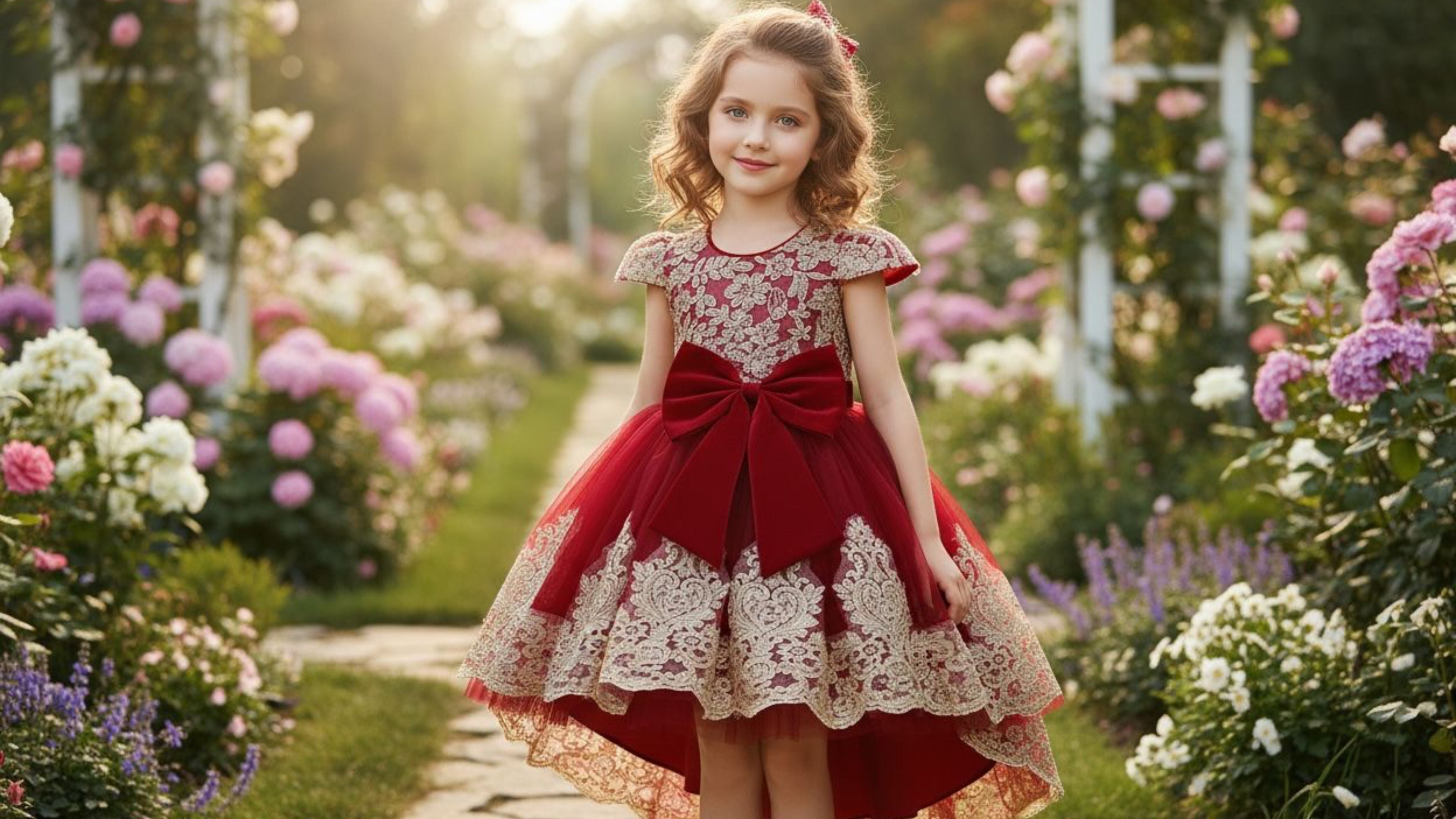 Petite fille portant une robe de princesse rouge et dorée pour Noël dans un jardin fleuri