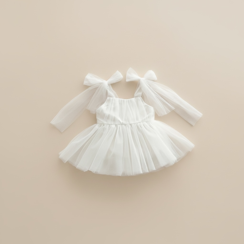 Vue de face de la barboteuse de cérémonie blanche montrant le bustier plissé et le jupon vaporeux