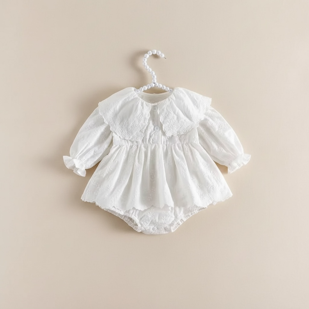 Tenue de cérémonie bébé fille style vintage en coton blanc avec manches longues.