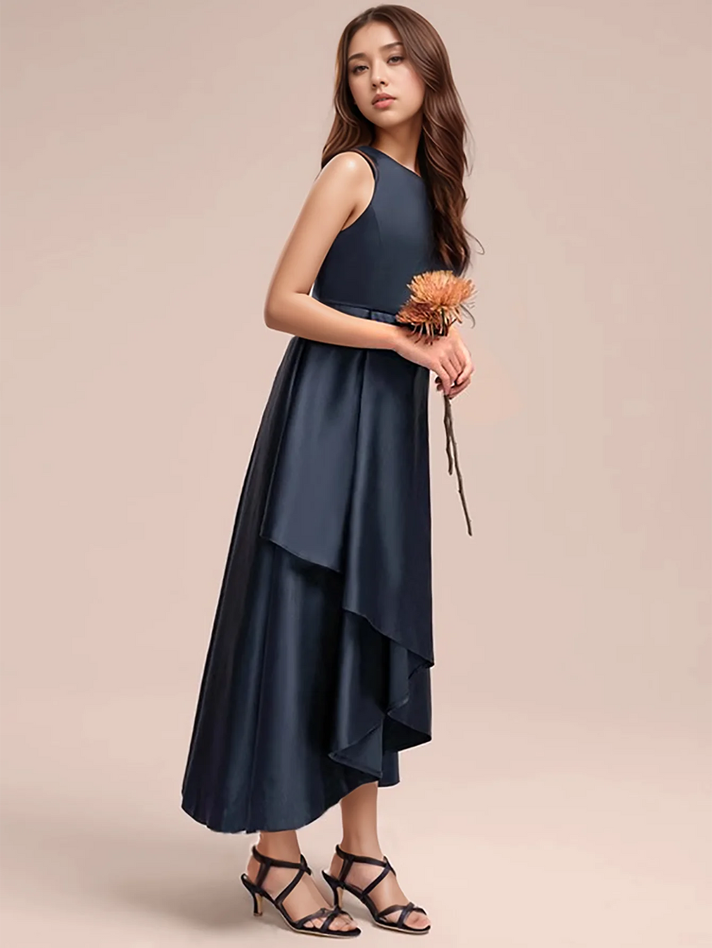 Tenue habillée pour adolescente bleu marine, tissu effet satiné pour fête et réception