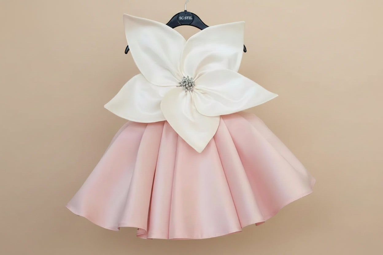 Robe cérémonie fille satin rose pâle avec grande fleur et strass