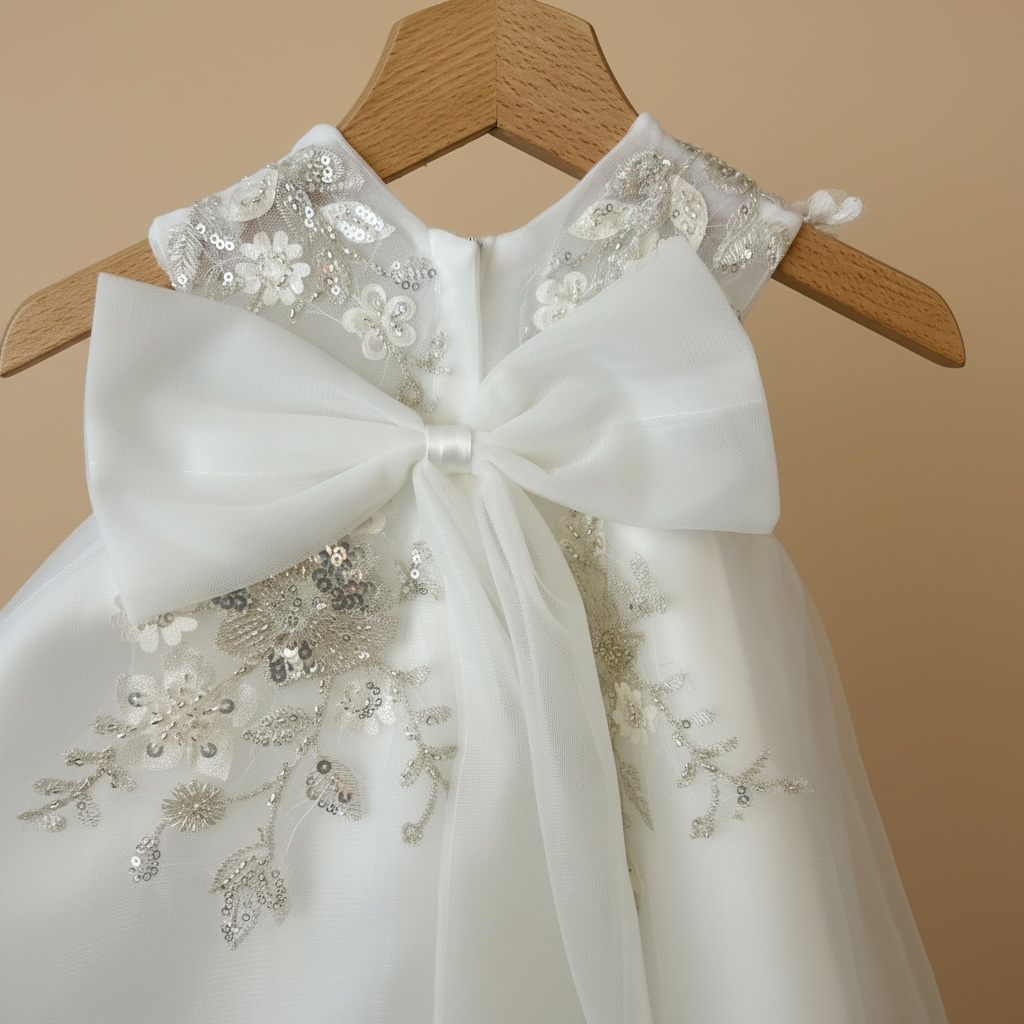 Gros plan sur les broderies florales délicates et les finitions de la robe de baptême ivoire