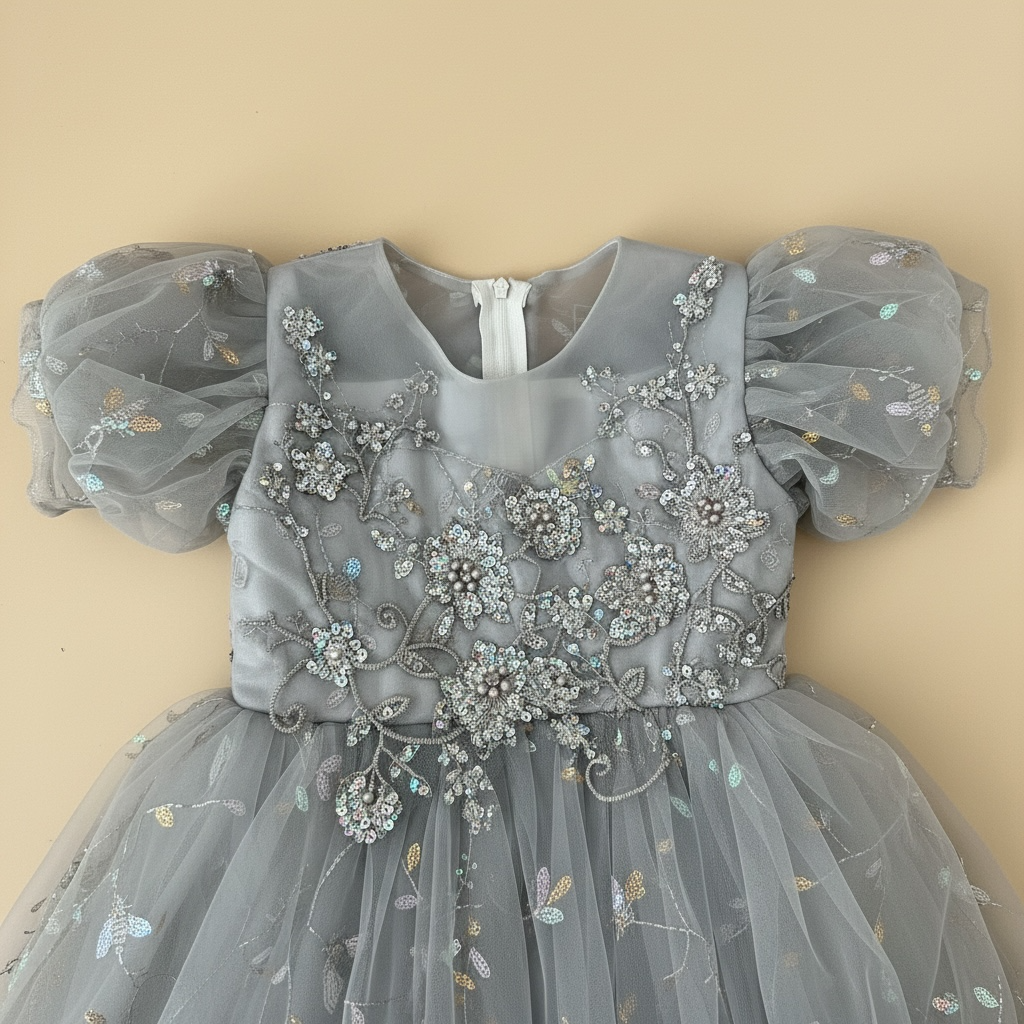 Gros plan sur les détails brodés et les paillettes du bustier de la robe féerie