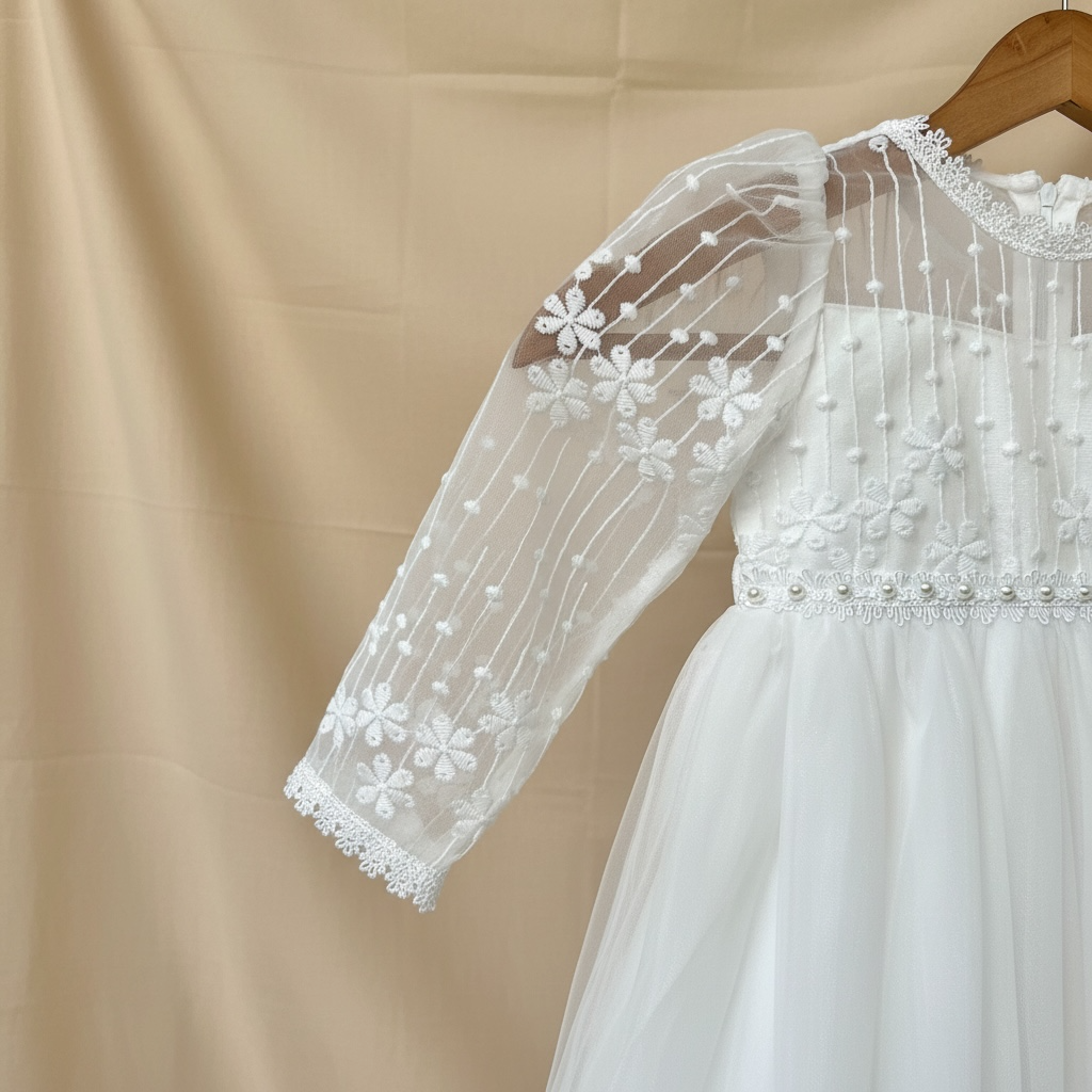 Gros plan sur la manche transparente en tulle ornée de motifs floraux en dentelle blanche