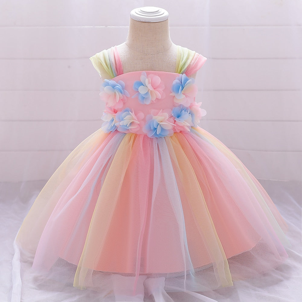 Robe bébé arc en ciel fleurie rose