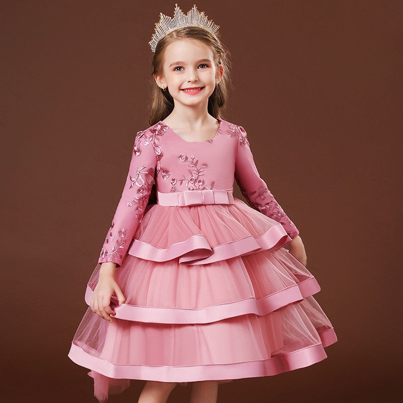 Robe De Soirée Pour Fille 9 Ans - Rose Foncé Avec Broderie Fleurs Et Feuilles - Occasion Très Bon état