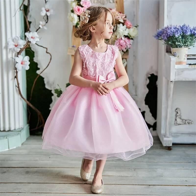 BABYONLINE Robe Cérémonie Fille Princesse Dentelle Florale Avec Nœud - Luxueuse Robe Mariée Tulle
