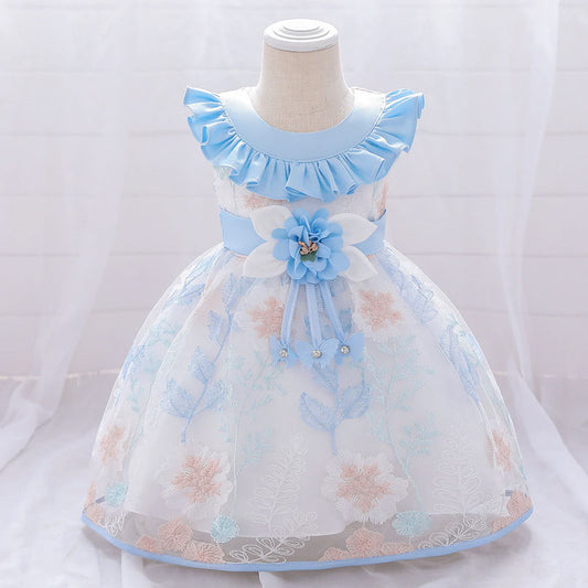 robe de princesse bébé bleu à fleurs