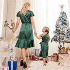 robe identique mère fille verte satin