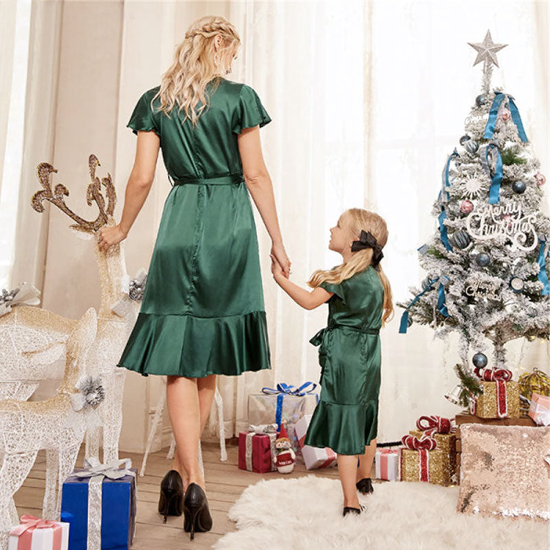 robe identique mère fille verte satin